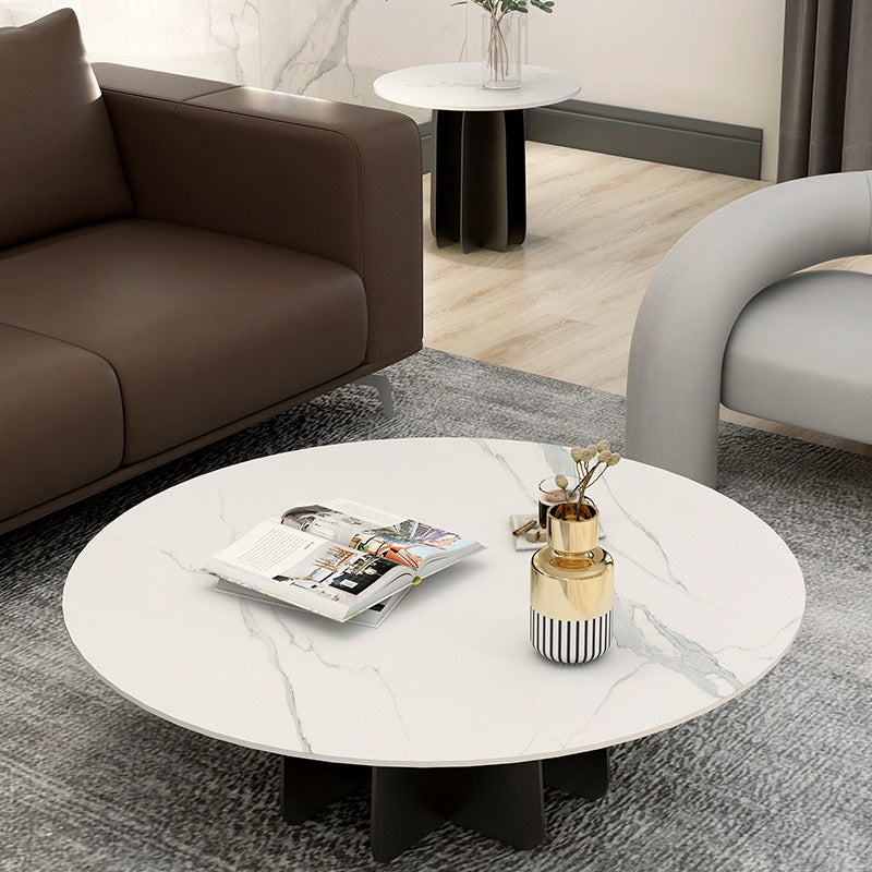 Modern Black and White Pedestal Coffee Table Round Slate and Metal Table