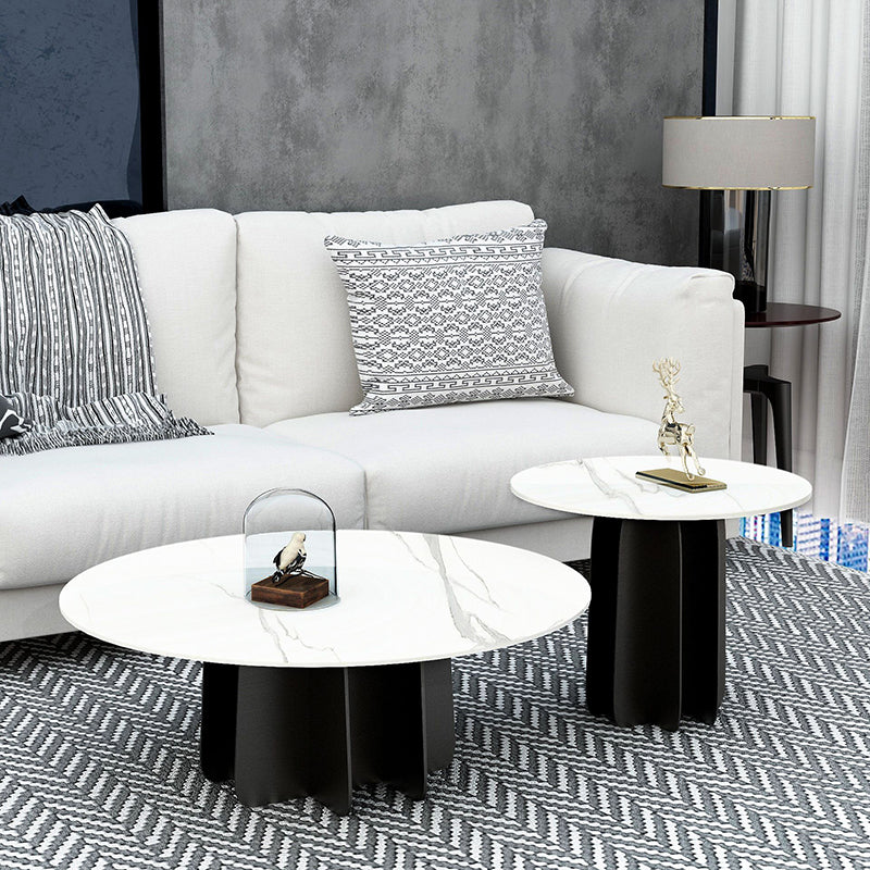 Modern Black and White Pedestal Coffee Table Round Slate and Metal Table