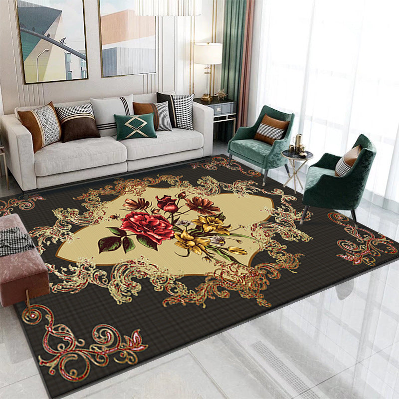 Wine Red Retro Carpet Polyester Graphic Carpet Stain Resistant Carpet for Living Room