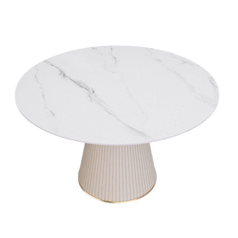 Sintered Stone Top Round Dining Table Modern White Metal Pedestal Table
