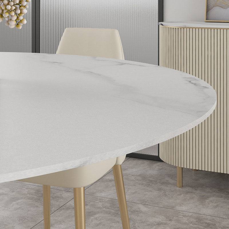 Sintered Stone Top Round Dining Table Modern White Metal Pedestal Table