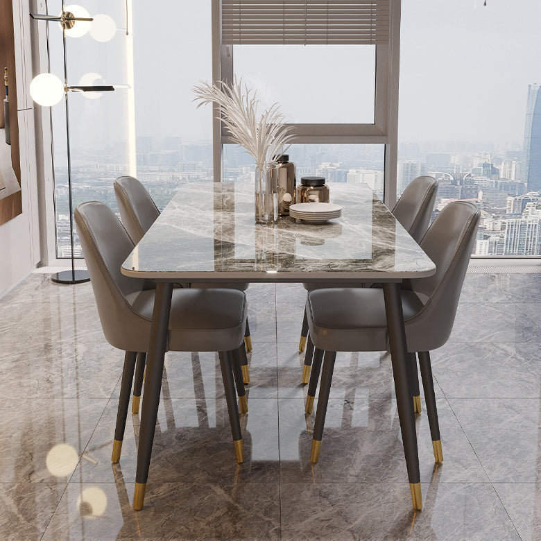 Contemporary Rectangle Stone Table for Restaurant Black Metal Pedestal Dining Table