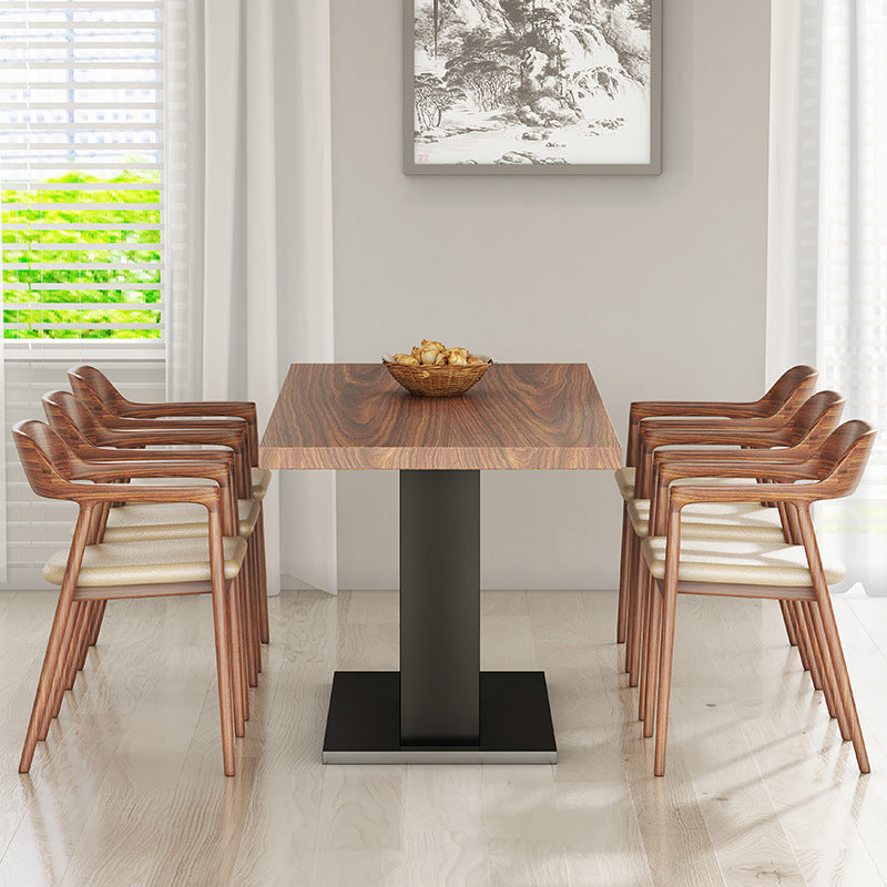 Brown Walnut Top Dining Table Modern Rectangle Black Metal Pedestal Table