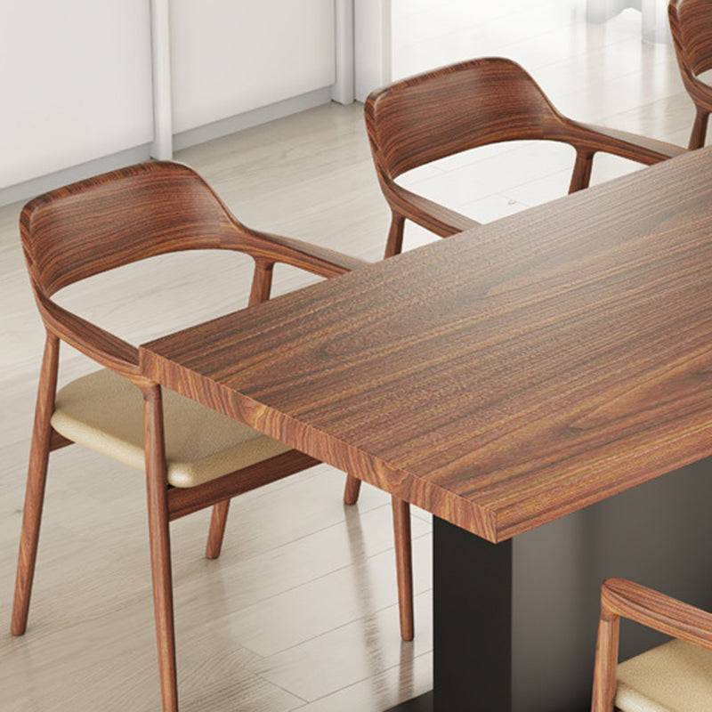 Brown Walnut Top Dining Table Modern Rectangle Black Metal Pedestal Table