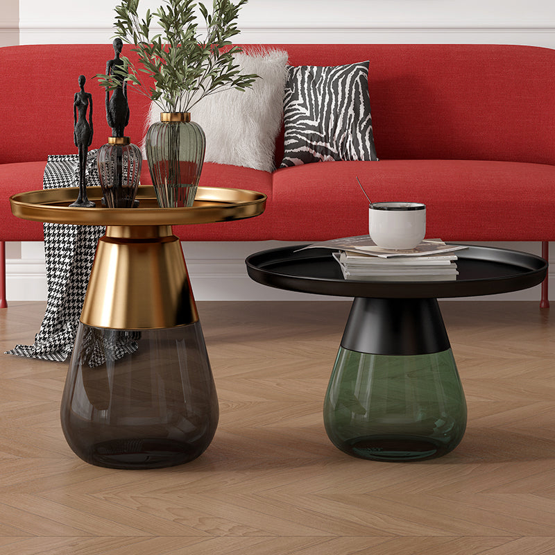 Mid-Century Modern Metal Round Side Table Top Glass Single Base Side Table