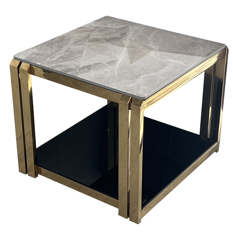 Stone Top End Table with Shelves Glam Frame Sofa Side Table for Living Room