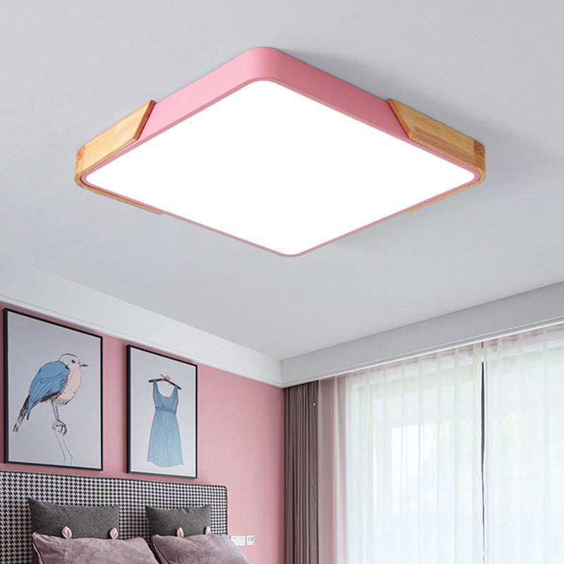 Nordic Rectangle Ceiling Light Colorful Metal LED Flush Mount Light with Wood for Bedroom