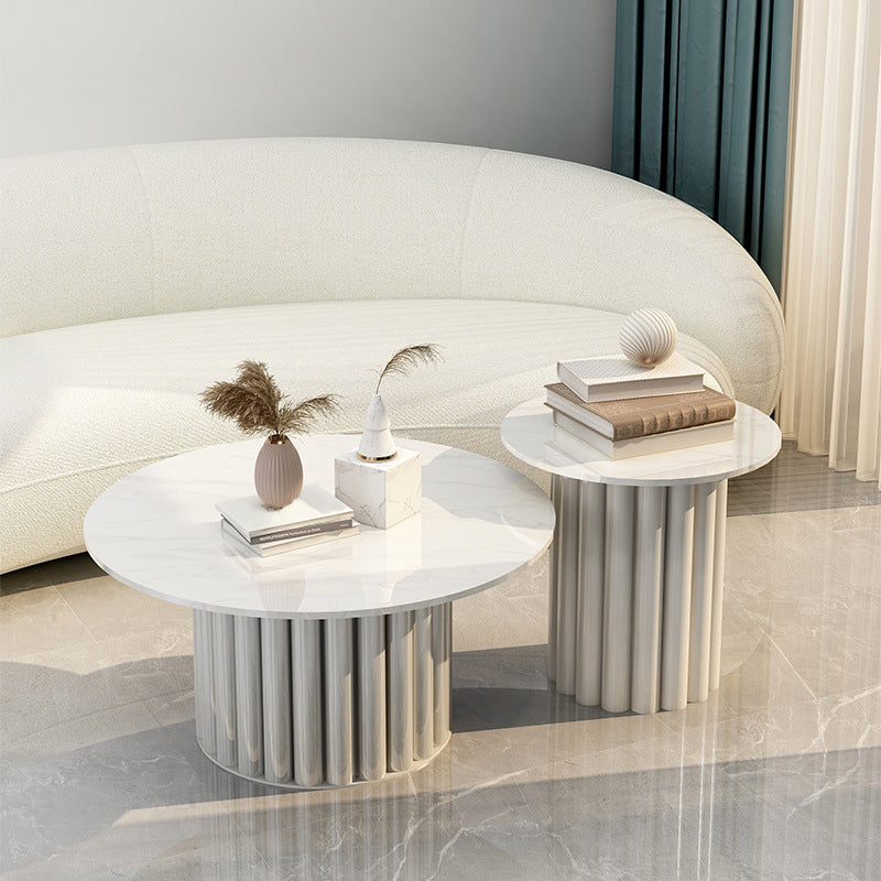 Modern Stone Pedestal Cocktail Table Round Coffee Table - White/Grey