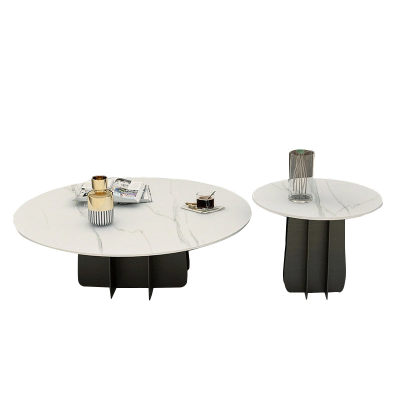 Modern Style White Slate & Grey Glass Top Iron Craft Round Coffee Table