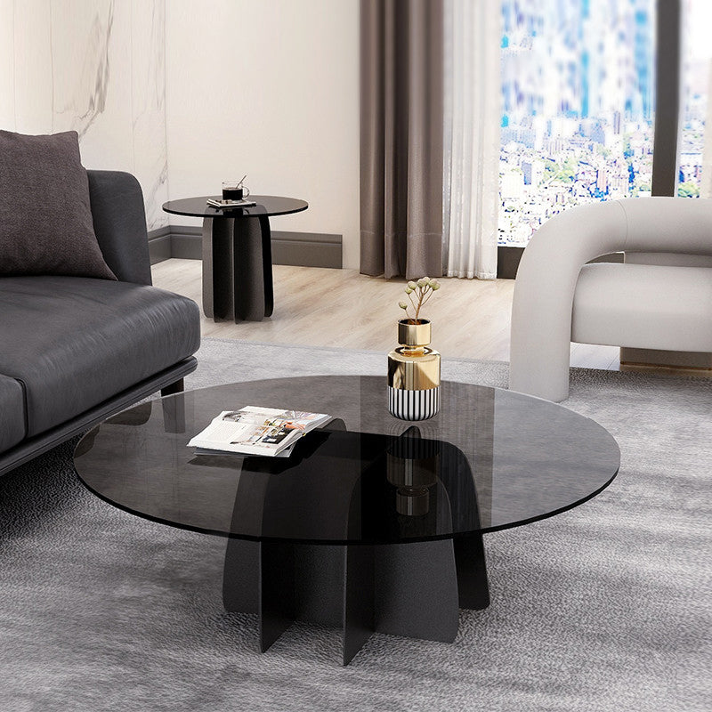 Modern Style White Slate & Grey Glass Top Iron Craft Round Coffee Table