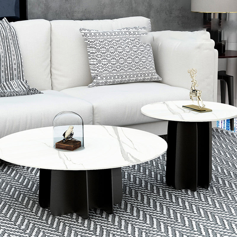 Modern Style White Slate & Grey Glass Top Iron Craft Round Coffee Table