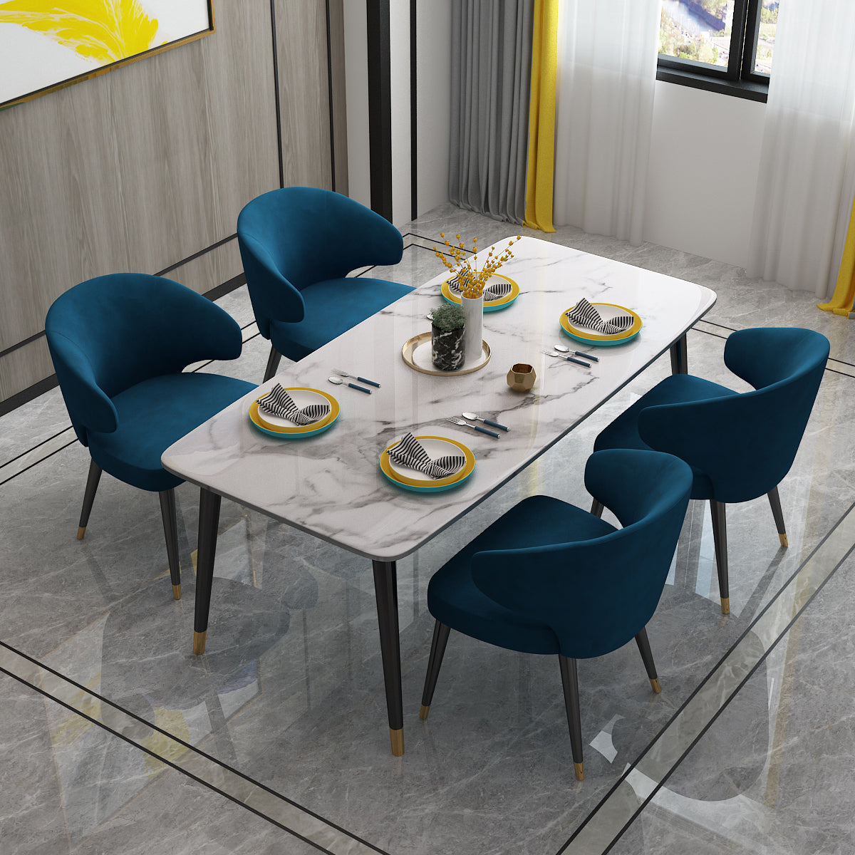 Modern Dinette Set 1/4/5 Pieces Rectangle White Marble Dining Table Set