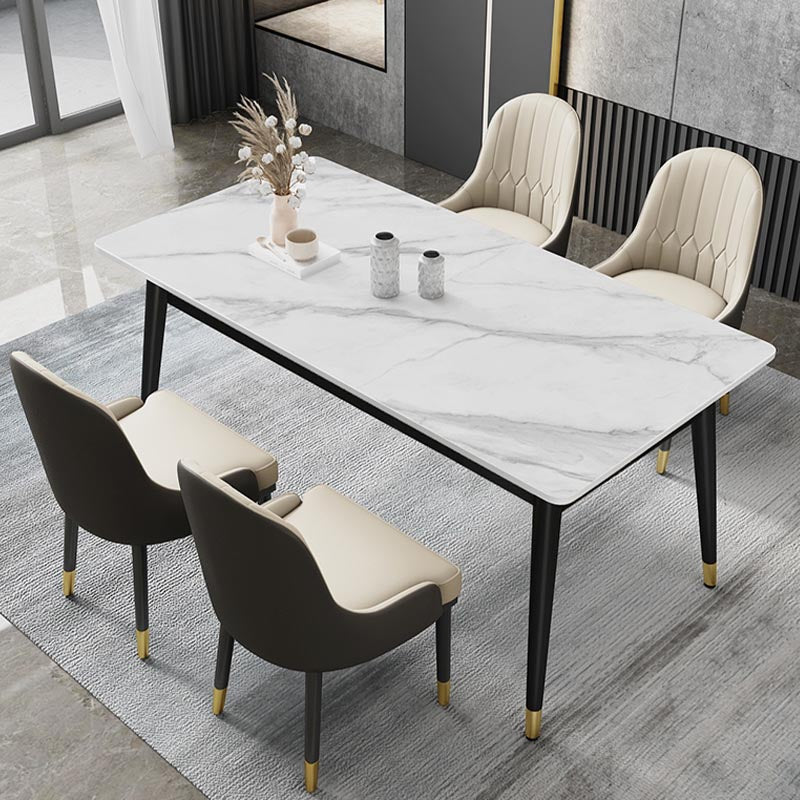 Rectangle Stone Top Dining Table Modern Black 4 Legs Dining Table for Living Room