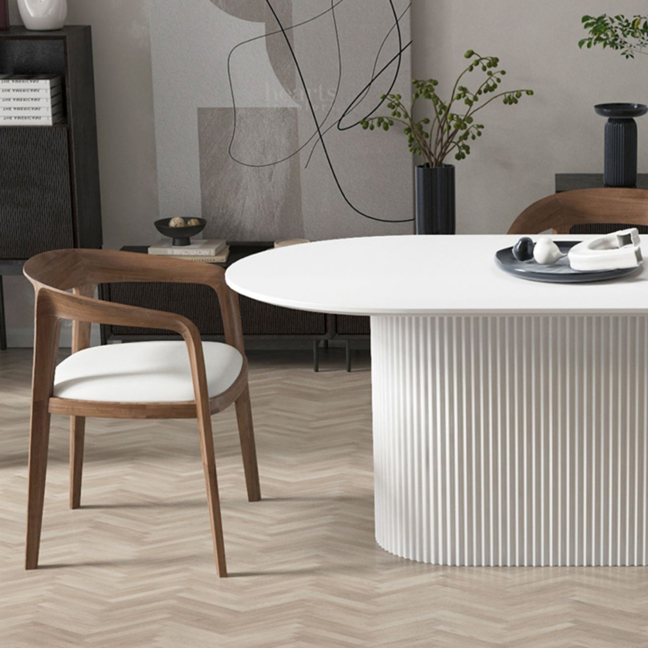 Simplicity Oval Dining Table Sintered Stone and Pine Top Pedestal Table