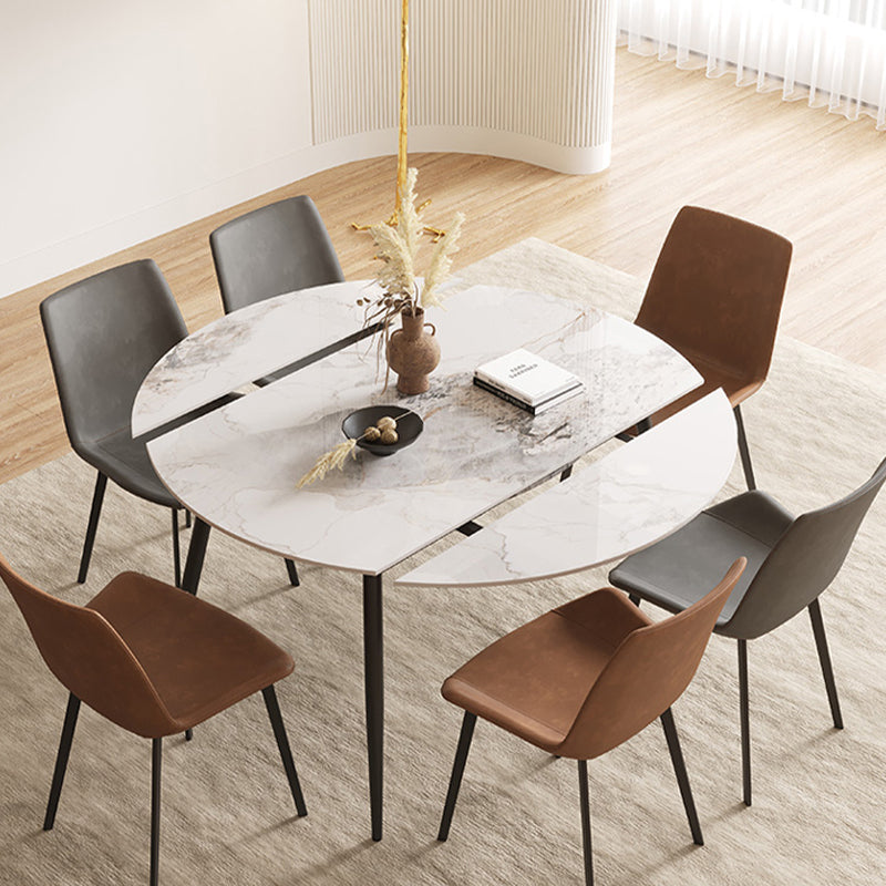 Round Dining Table with Leaf Extension Modern Stone Black Legs Dinette Table