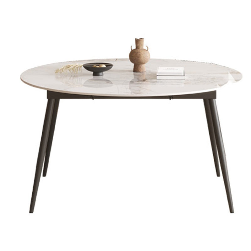 Round Dining Table with Leaf Extension Modern Stone Black Legs Dinette Table