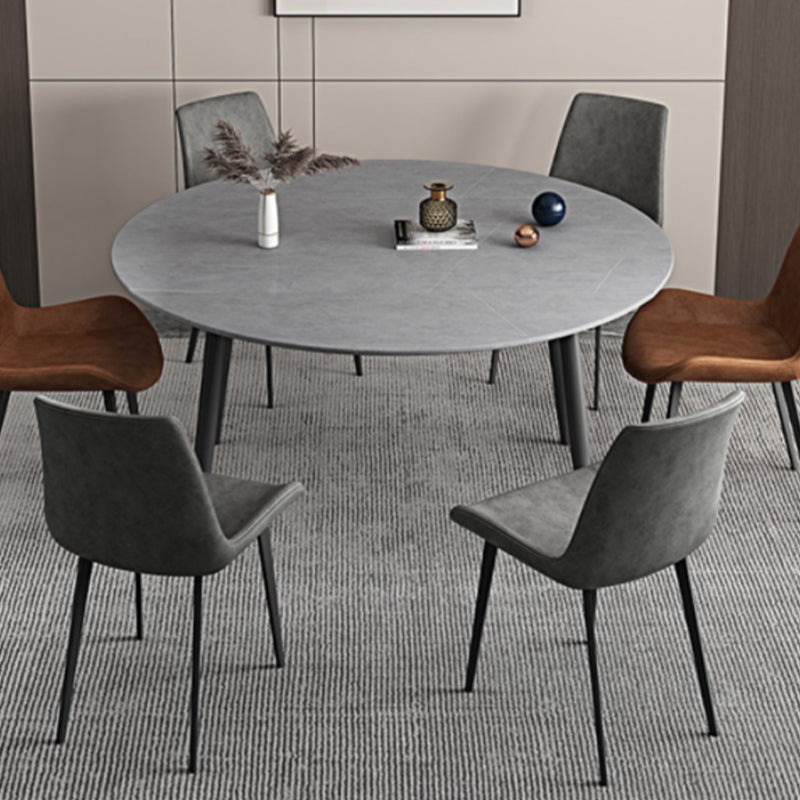 Round Dining Table with Leaf Extension Modern Stone Black Legs Dinette Table