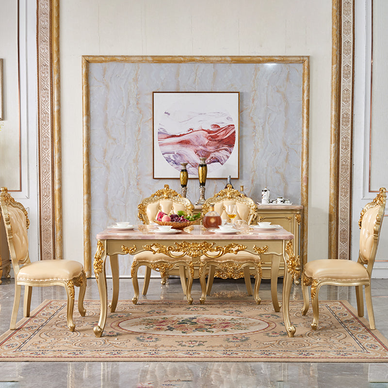 Solid Wood Victorian Rectangular Dining Table Marble Top Table with 4 Legs