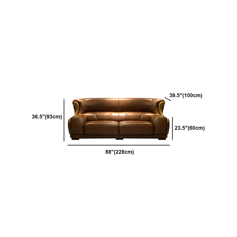 Genuine Leather Round Arm Sectionals Dark Brown 36.61"High Cushion Back Sofa