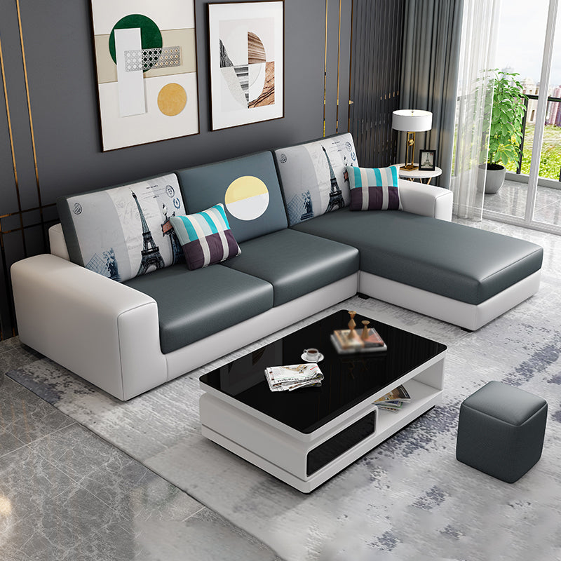 Cotton Blend Sofa and Faux Leather Square Arm Pillowed Back Cushions Sectionals