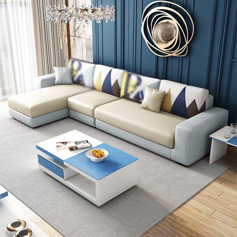 Cotton Blend Sofa and Faux Leather Square Arm Pillowed Back Cushions Sectionals
