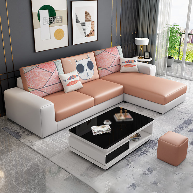 Cotton Blend Sofa and Faux Leather Square Arm Pillowed Back Cushions Sectionals