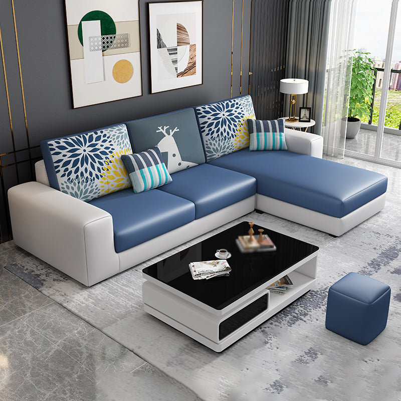 Cotton Blend Sofa and Faux Leather Square Arm Pillowed Back Cushions Sectionals
