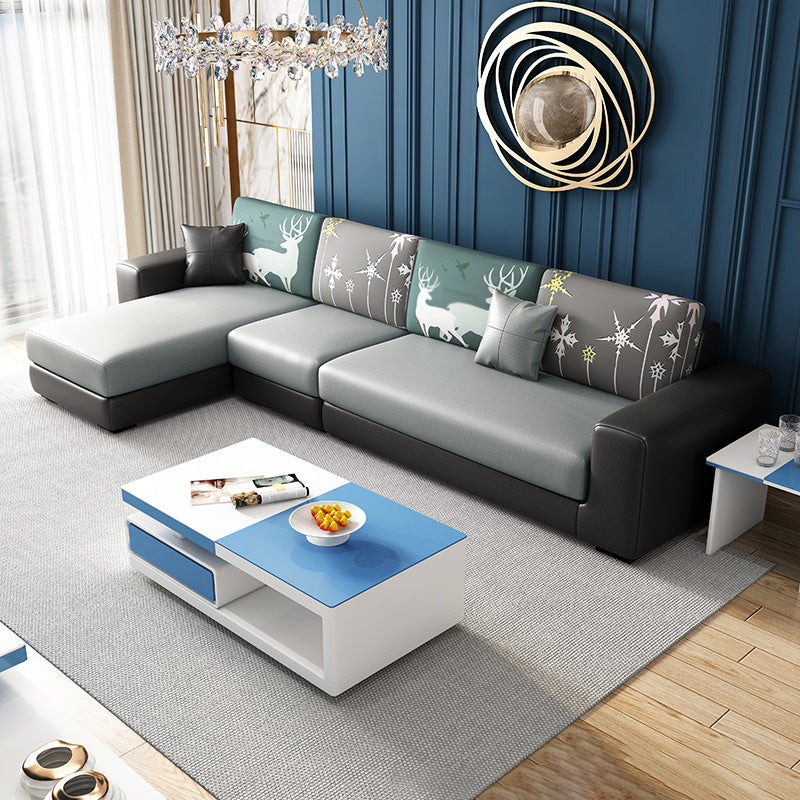 Cotton Blend Sofa and Faux Leather Square Arm Pillowed Back Cushions Sectionals