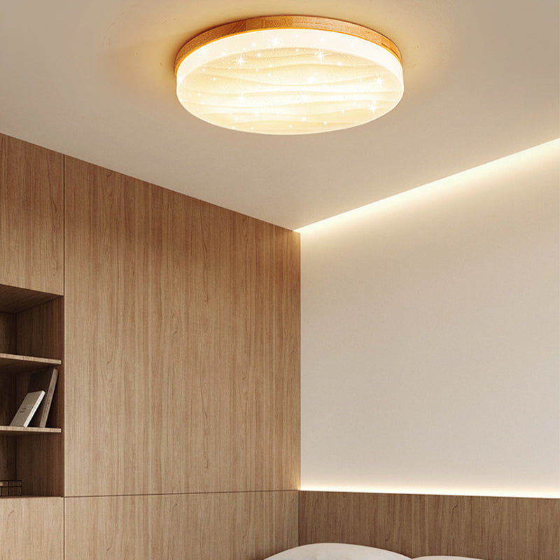 1-Light Round Flush Light Fixtures Modern Style Wood Flush Mount Lighting