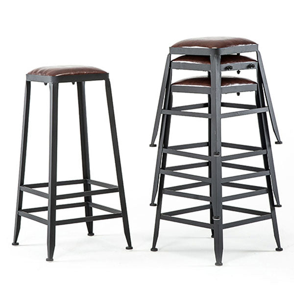 Industrial Style Armless Counter Stool Iron Cafe Bar Stool with Leather Cushion and Pedal