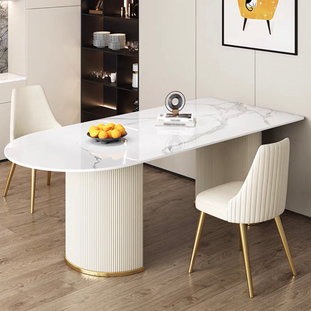 Free Form White Dining Table Sintered Stone Table Luxury with Double Pedestal