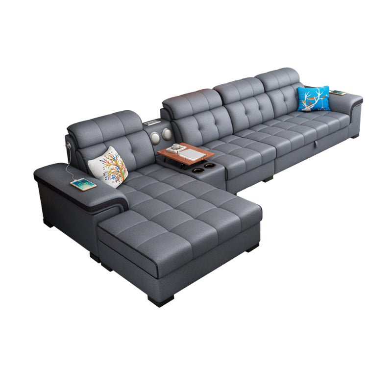 Sewn Pillow Back Sectional Convertible Grey Sofa Bed with Adjustable Headrest