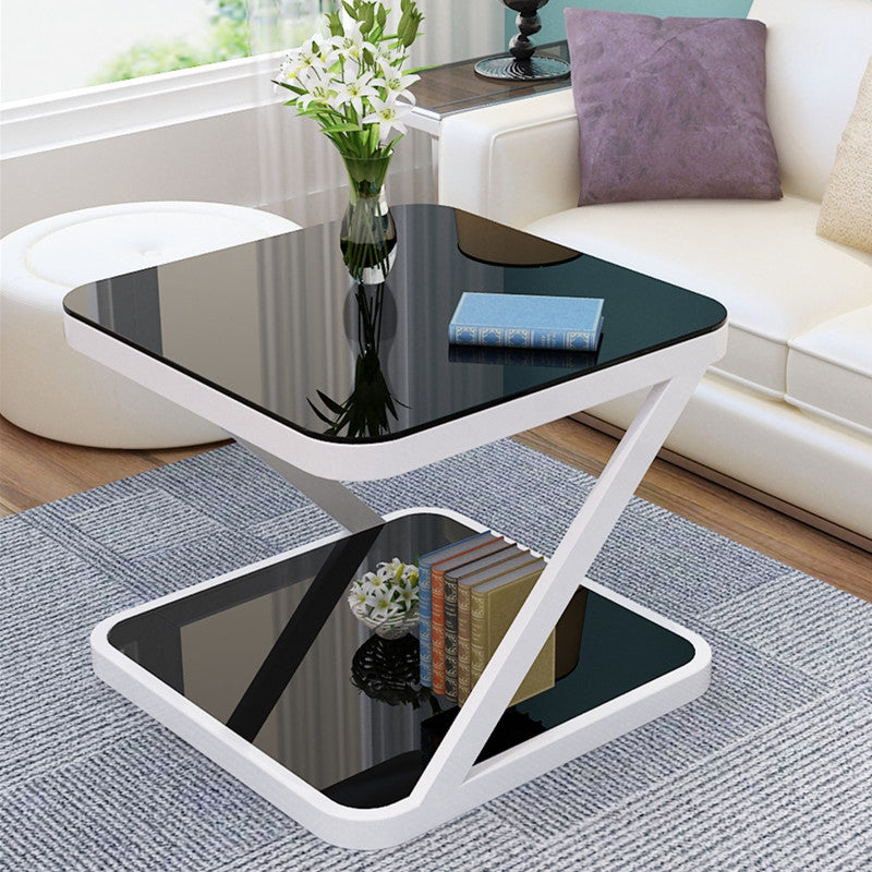 Black/White Glass Corner Table 19.69" High End Table with Storage