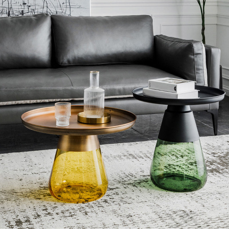 Modern Style Black/gold Metal Countertop Glass Base Grey/green Round Side Table