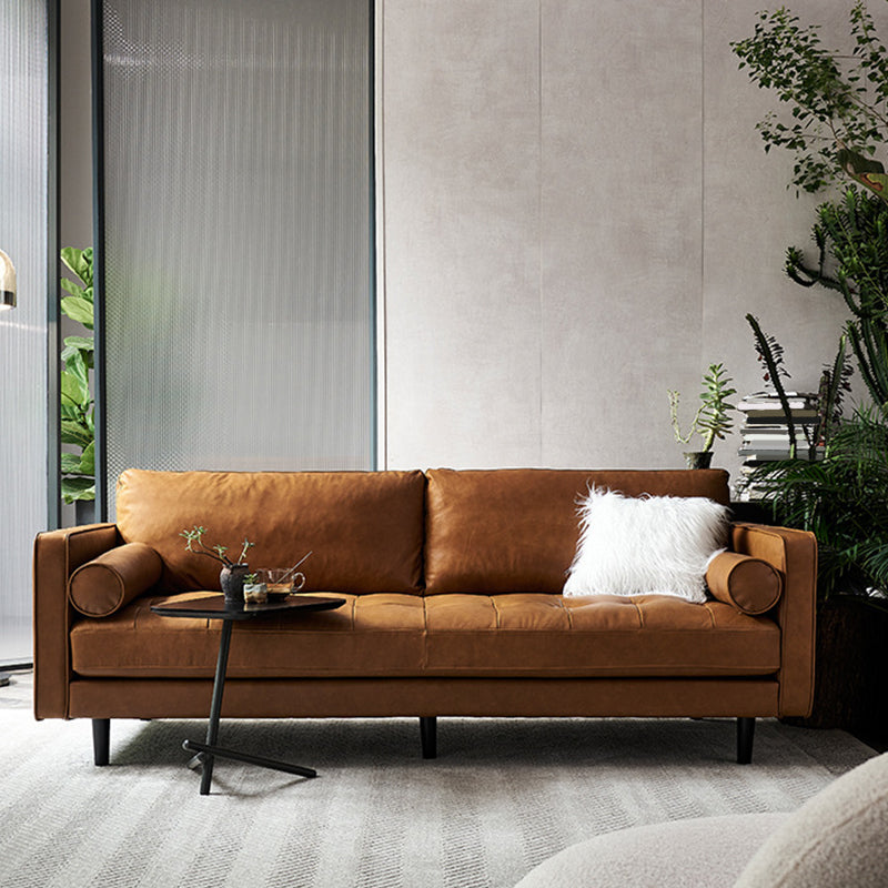 Brown Leather Settee Couch Square Arm Standard Bench Seating