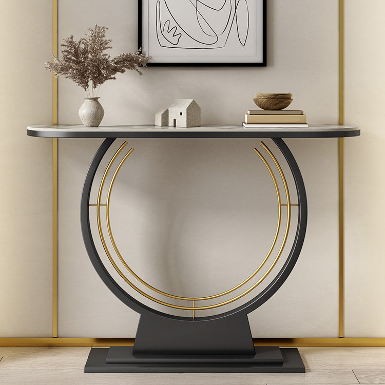 Half Moon Stone Console Table Ironcraft Frame Accent Table for Hall
