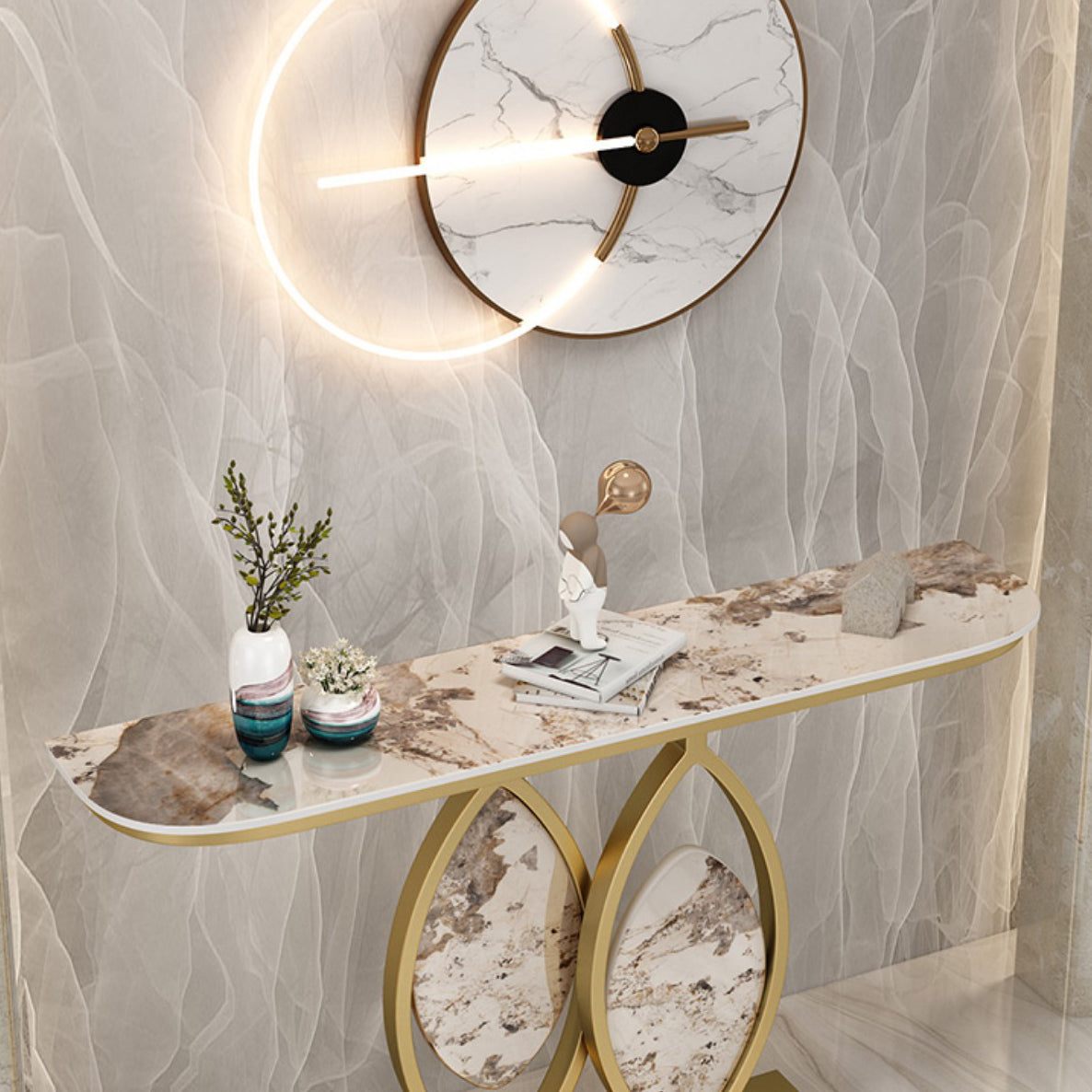 Scratch Resistant,11.81" W x 31.49" H Stone Glam Half Moon Table for Hall