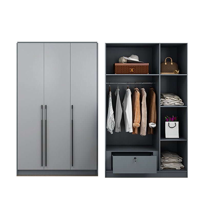 Grey Wooden Wardrobe Armoire Hinged Storage Cabinet with Soft Close Drawer
