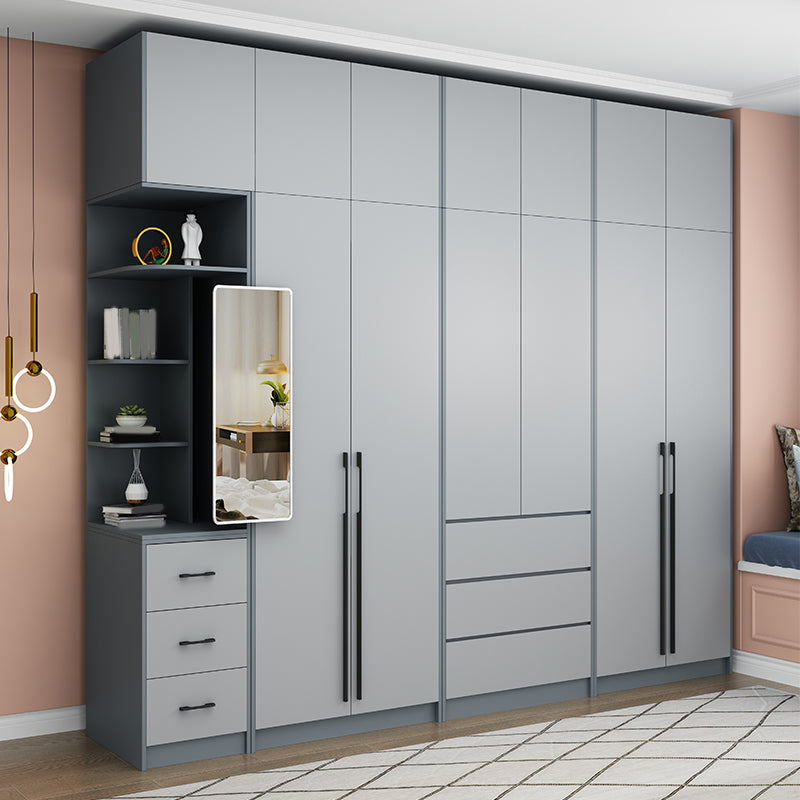 Grey Wooden Wardrobe Armoire Hinged Storage Cabinet with Soft Close Drawer