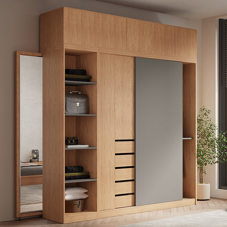 Natural Finish Modern Wardrobe Armoire Solid Wood and Engineered Wood Armoire