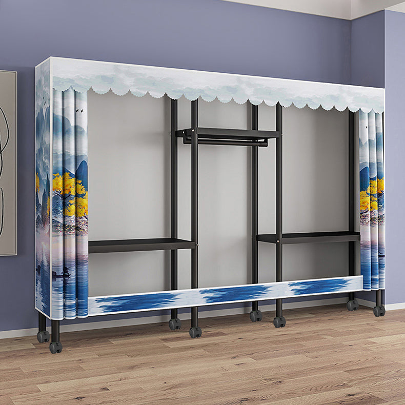 Contemporary Style Wardrobe Cabinet Steel Frame Wardrobe with Clothing Rod