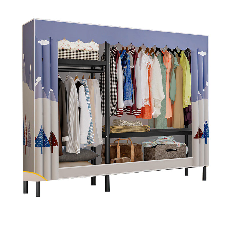 Contemporary Style Wardrobe Cabinet Steel Frame Wardrobe with Clothing Rod