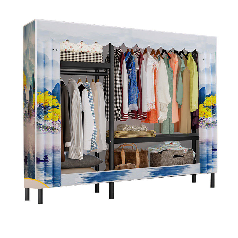 Contemporary Style Wardrobe Cabinet Steel Frame Wardrobe with Clothing Rod