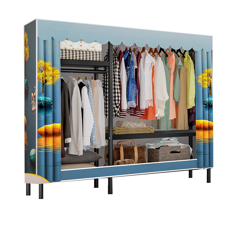 Contemporary Style Wardrobe Cabinet Steel Frame Wardrobe with Clothing Rod