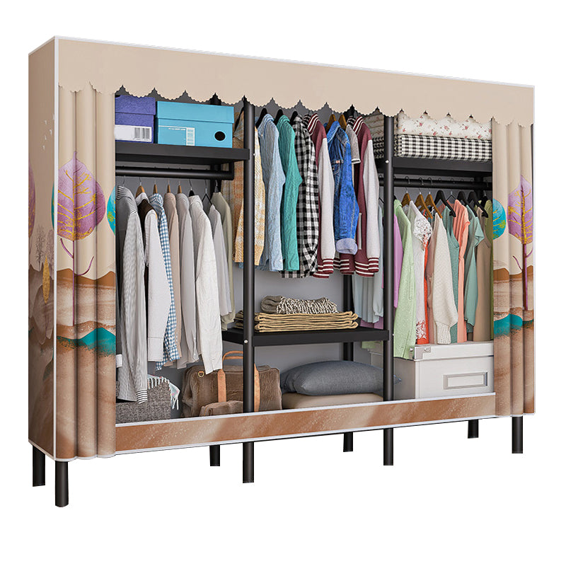 Contemporary Style Wardrobe Cabinet Steel Frame Wardrobe with Clothing Rod
