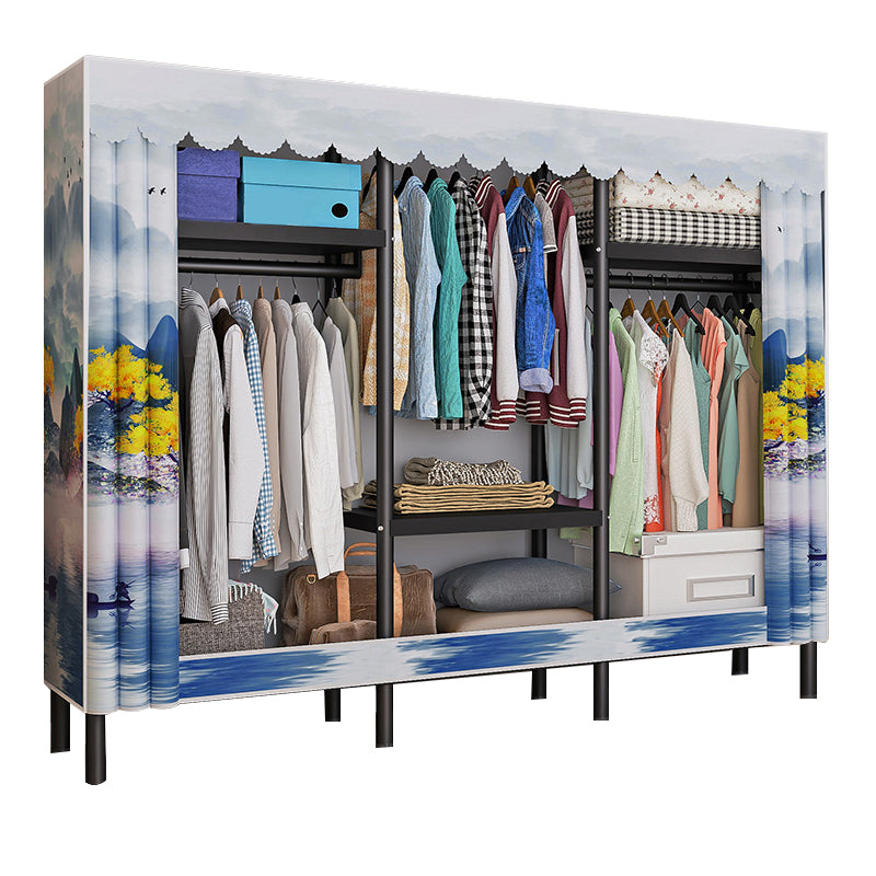 Contemporary Style Wardrobe Cabinet Steel Frame Wardrobe with Clothing Rod