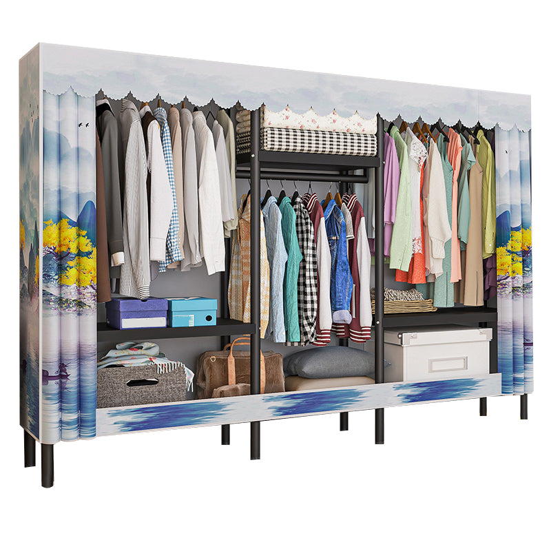 Contemporary Style Wardrobe Cabinet Steel Frame Wardrobe with Clothing Rod