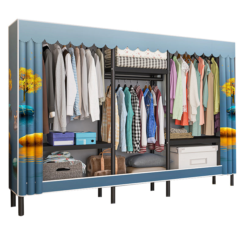 Contemporary Style Wardrobe Cabinet Steel Frame Wardrobe with Clothing Rod