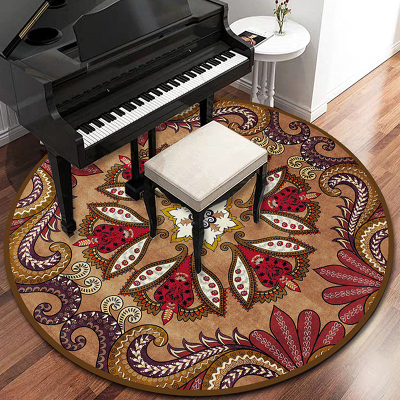 Round Paisley Print Carpet Antique Area Rug Polyester Non-Slip Backing Rug for Living Room