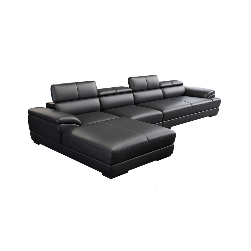 Genuine Leather Pillow Top Arm Sectional Sofa 27.55"High Cushion Back Sofa,Black